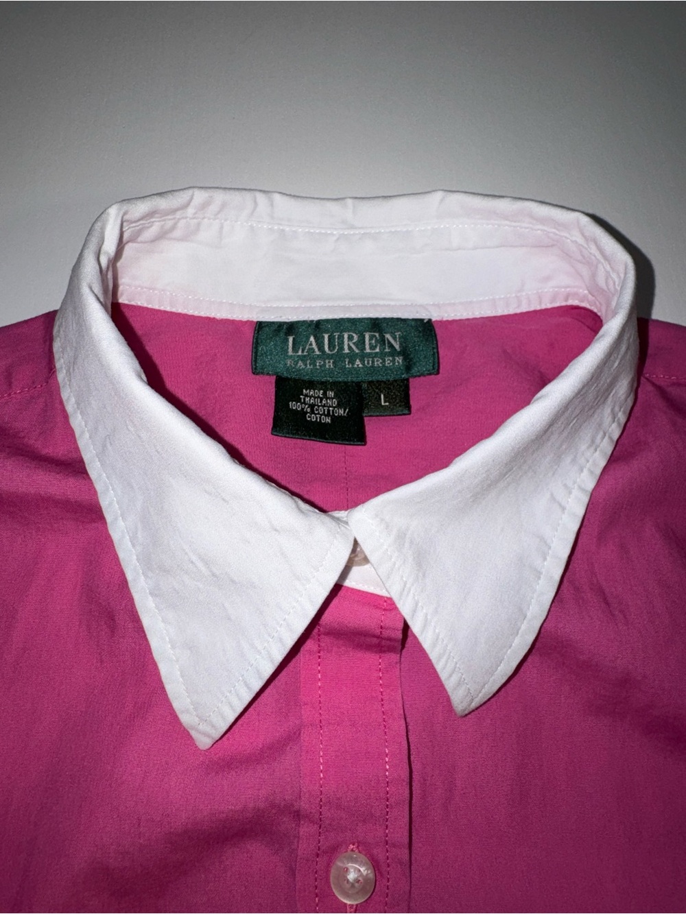 Lauren Ralph Lauren women’s L Pink Solid Cotton Point Collar Logo Dress Shirt - Picture 3 of 16
